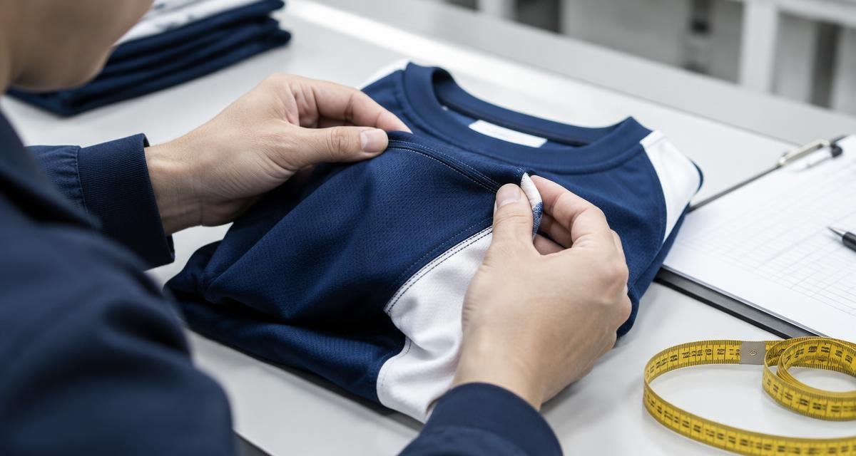 Quality inspector checking the stitching on a folded sportswear jersey with a clipboard and measuring tape on the inspection table