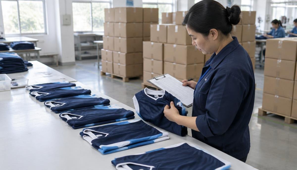 Quality control station in a garment factory with folded team jerseys laid out for random AQL sample inspection and an inspector checking a jersey against a checklist