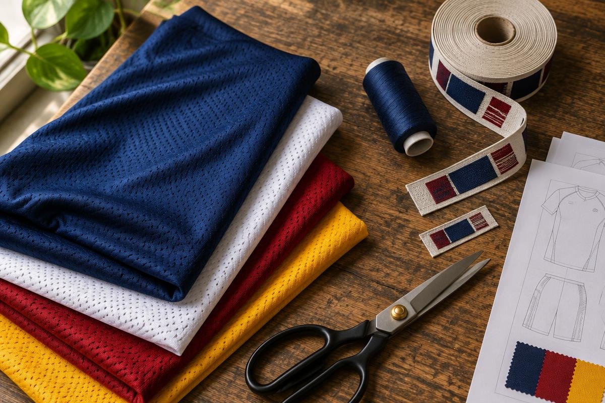 Flat-lay of sportswear production materials: folded polyester jersey fabric in team colours, thread, woven trim labels, fabric shears and a technical sketch