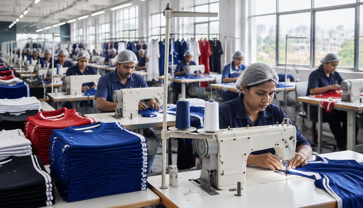 Modern garment production floor with rows of industrial sewing machines, adult workers in professional attire and stacks of folded sportswear jerseys